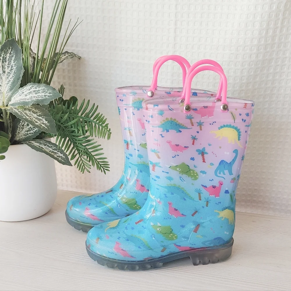 Kooshyshoo Girls Blue, Pink Gradient Light Up Dinosaur Rain boots Size 10